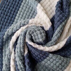 Hand Knit Baby Blanket - Waffle Pattern - Blue and White Stripe